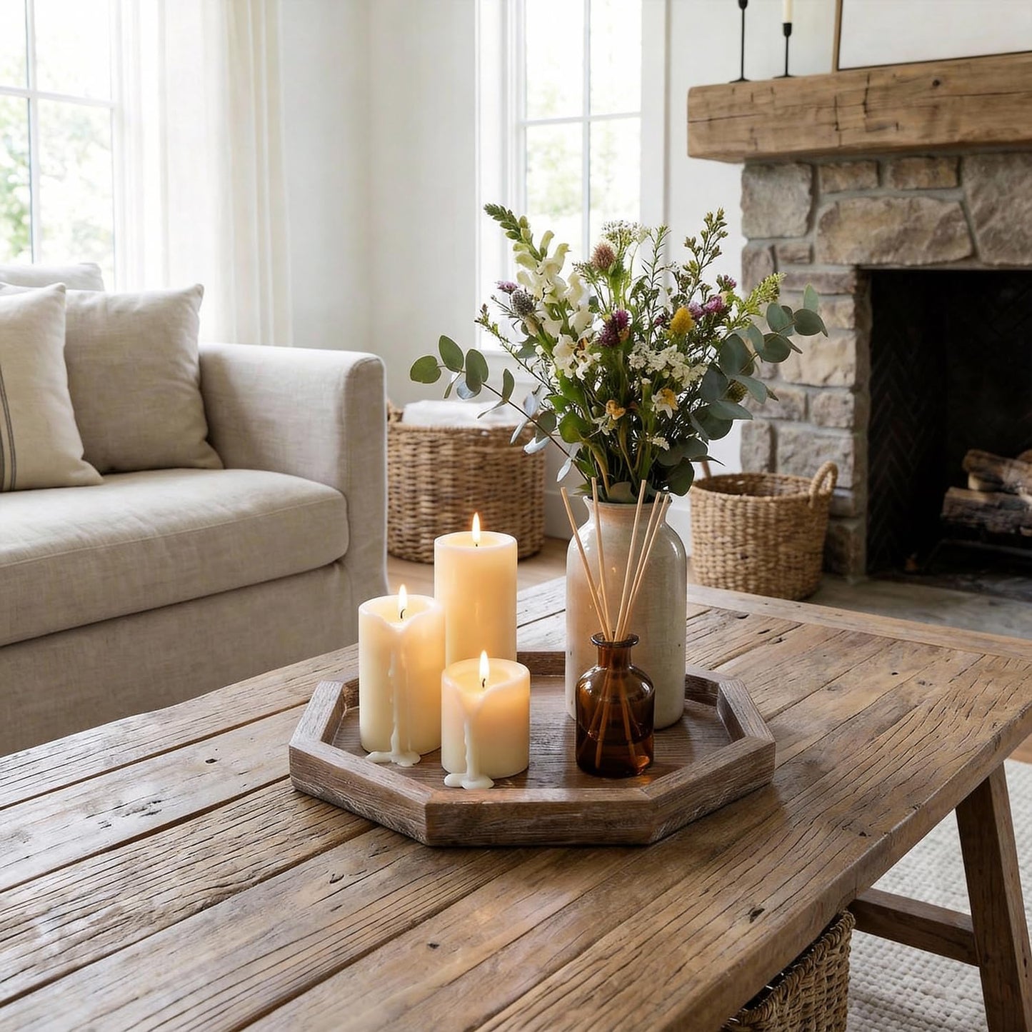 Rustic Candle Holder Plate Boho Wooden Decorative Trays for Coffee Table Farmhouse Kitchen Counter Home Decor Living Room Small Wood Serving Tray for Dining Table Centerpiece Bathroom Vanity Trays