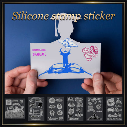 6 Sheets Graduation Silicone Clear Stamps Seal Set Acrylic Stamp Blocks Tools with Grid Lines DIY Scrapbooking Crafts Making Simply Rubber Stamps for Cards Congratulations Graduate