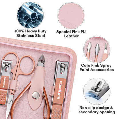 FAMILIFE Manicure Set, Nail Professional Kit Manicure Kits Nail Clipper Sets, 13PCS Stainless Steel Pedicure Sets Mens Grooming Tool, with Brown Leather Travel Case for Men