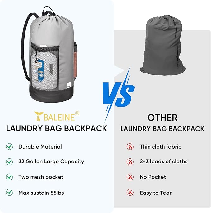 BALEINE 2PK 120L Laundry Bag Backpack, 900D Oxford Fabric Large Travel Laundry