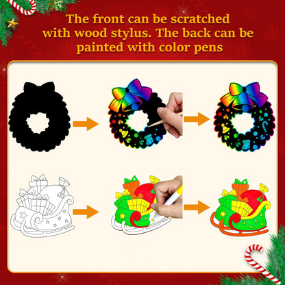 Garma 72Pcs Christmas Crafts Scratch Art for Kids, Rainbow Scratch Paper Christmas Ornaments Crafts Christmas Party Favors Toys Xmas Tree Ornaments Hanging Craft Art Kits