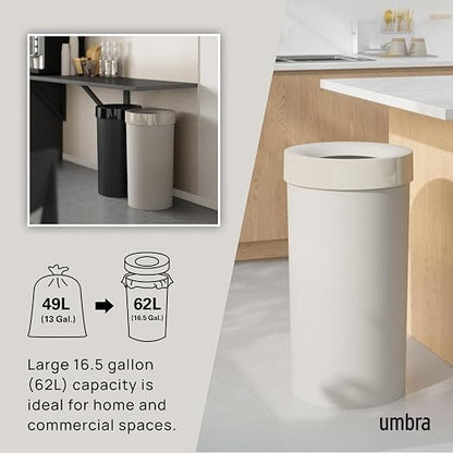 Umbra Vento Kitchen Trash Can – Large 16 Gal (62 L) Open Top Garbage Can for Home & Office – Modern Clean Design, Sand
