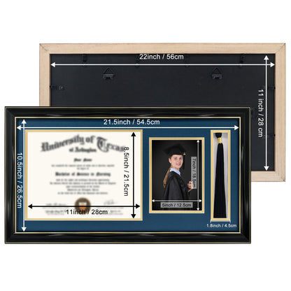 GraduationMall 11x22 Black Diploma Frame with Tassel Holder and Picture for 8.5x11 Certificate 5x7 Photo,Tempered Glass,Navy over Gold Mat