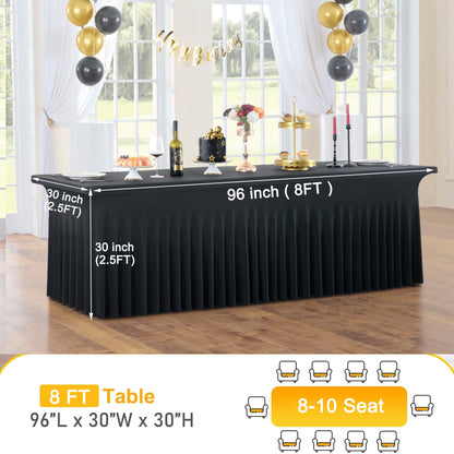 CO-AVE 8pk Black Spandex Tablecloths for 8ft Rectangle Tables, Wrinkle Free Wavy Table Skirt Stretchy 8 Foot Fitted Table Cloth Covers for Weddings Birthday Halloween Party Events Banqute Baby Shower