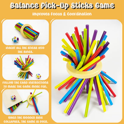 twivah 4-in-1 Board Game for Kids, Wooden Sorting & Stacking|Pick-up Sticks|Counting|Ball Drop Tower, Family Games for Kid and Adult, Montessori STEM Learning Toy for 3 4 5 6 7 8 Year Old Boy Girl