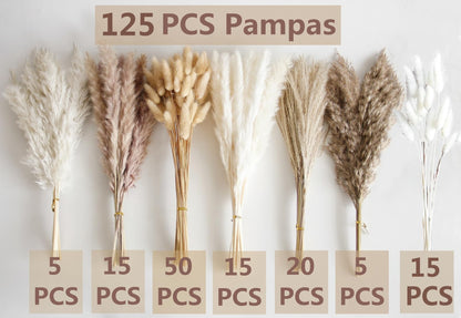 Bannifll 125 PCS Dried Pampas Grass Bouquet, Boho Table Decor, Bunny Tails Dried Flowers, Brown Pampas, White Pampas Grass for Weddings, Home Decor, Rustic Parties, and Baby Shower Decorations