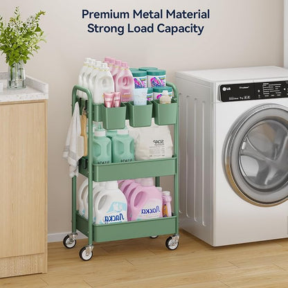 YASONIC 3-Tier Rolling Cart, Green, 66 Pounds Capacity, Mesh Storage Organizer with Lockable Wheels, 3 Hanging Cups, 4 Hooks, Easy Assembly, for Kitchen, Bathroom, Laundry, Grocery