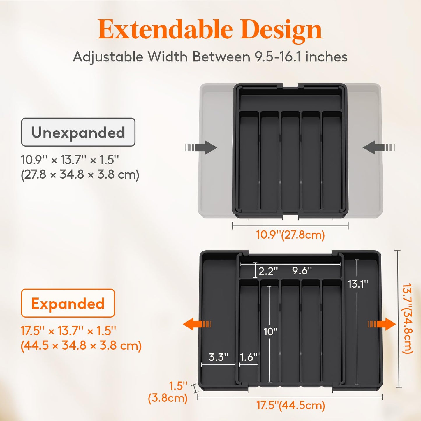 Lifewit Silverware Drawer Organizer, Expandable Utensil Tray for Kitchen, BPA Free Flatware and Cutlery Holder, Adjustable Plastic Storage for Spoons Forks Knives, 8.5"-14.1" x 12.1", Black