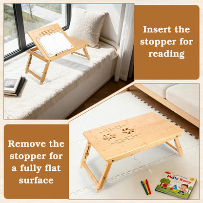 Bambition Bamboo Laptop Desk for Bed, Adjustable Height and Angle, Foldable Lap Desk with Cup Holder and Drawer, Portable Bed Table Tray for Writing Reading Drawing or Breakfast