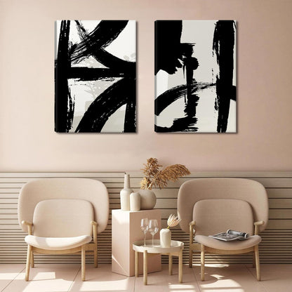Black and White Brush Stroke Canvas Wall Art Modern Abstract Minimalist Ink Line Painting Picture Mid Century Geometric Prints Poster Retro Graffiti Artwork for Office Home Decor 12x16in