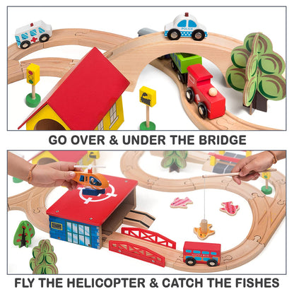 KipiPol Wooden Train Set - 69 Pieces Wooden Train Tracks & Trains for Kids, Toddler Boys and Girls 3,4,5 Years Old and Up– Premium Wood Construction Toys -Fits Thomas, Brio, IKEA, Melissa and Doug