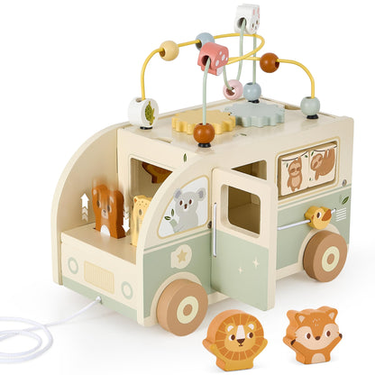 Pithfor Wooden Montessori Toys for 1 Year Old, Push & Pull Car Toys for Baby Toddlers 1 2 3 Year Old, 1st First Birthday Gift for Boys Girls, with Bobbling Driver & Bead Maze