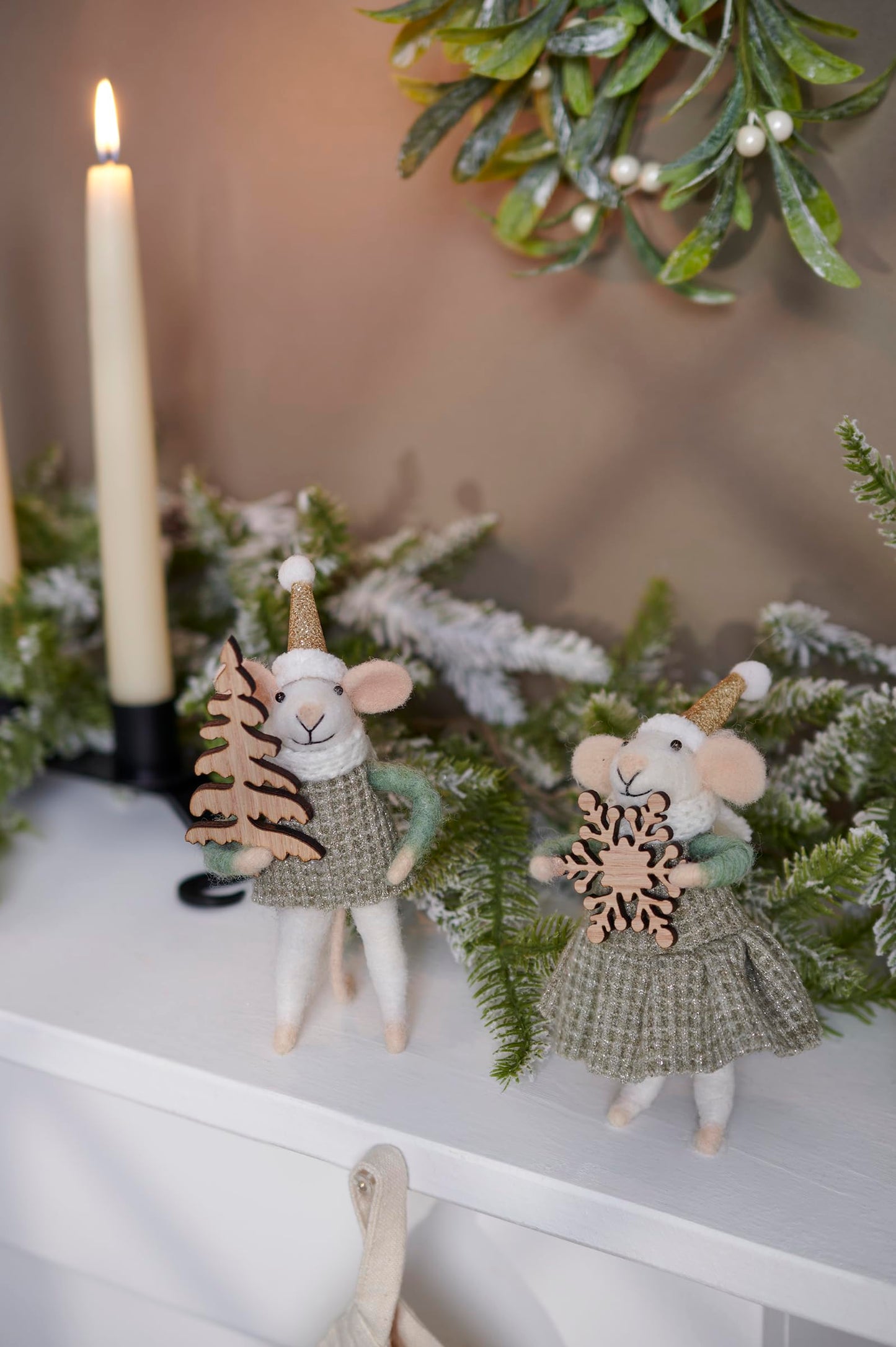 Primitives by Kathy Winter Mice Felt Collectible Critter Set, 6-Inch Handmade Wool Mice Duo with Glitter Hats Holding Wooden Tree & Snowflake, Winterscape Tiered Tray & Tree Decor