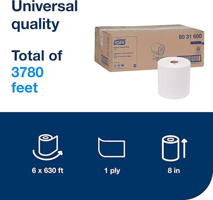 Tork Hand Towel Roll White H80, 100% Recycled Fiber, 6 Rolls x 630 ft