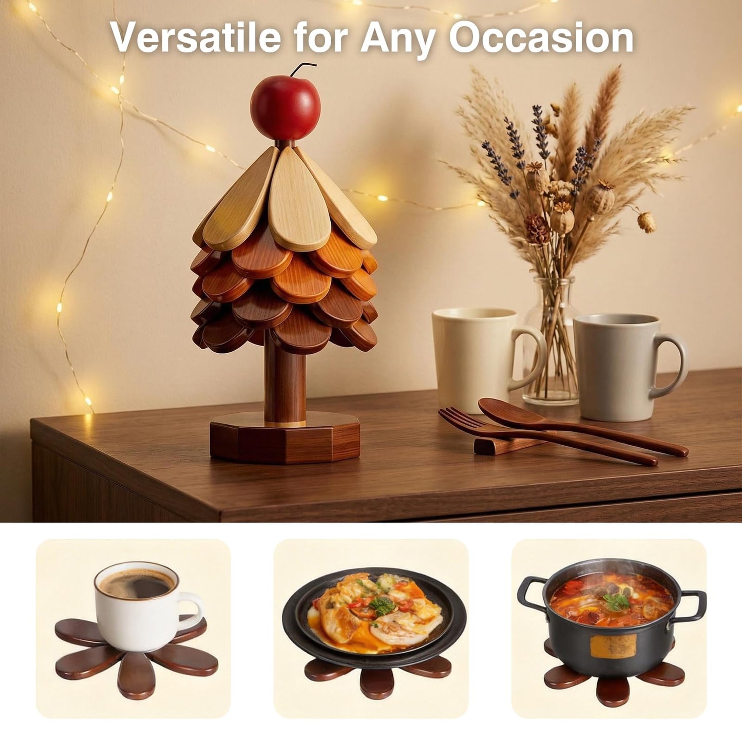 Wooden Trivets for Hot Dishes Tree Trivet Set with Apple Topper, 5-Layer Wooden Hot Pad for Table Protection, Foldable Heat Resistant Mat, Festive Coaster & Holiday Kitchen Decor