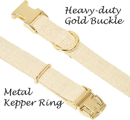 Luxury Soft Cotton Tweed Fabric Dog Collar & Leash Set with Gold Buckle – Durable Fabric, Stylish Design for Everyday Walks(Small Cream)