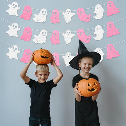 JKQ 3 Pack Glitter Halloween Ghost Banner White Pink Glittery Happy Halloween Party Ghost Hanging Decorations for Haunted Houses Indoor Outdoor Home Wall Mantle Fireplace Mansion Party Supplies