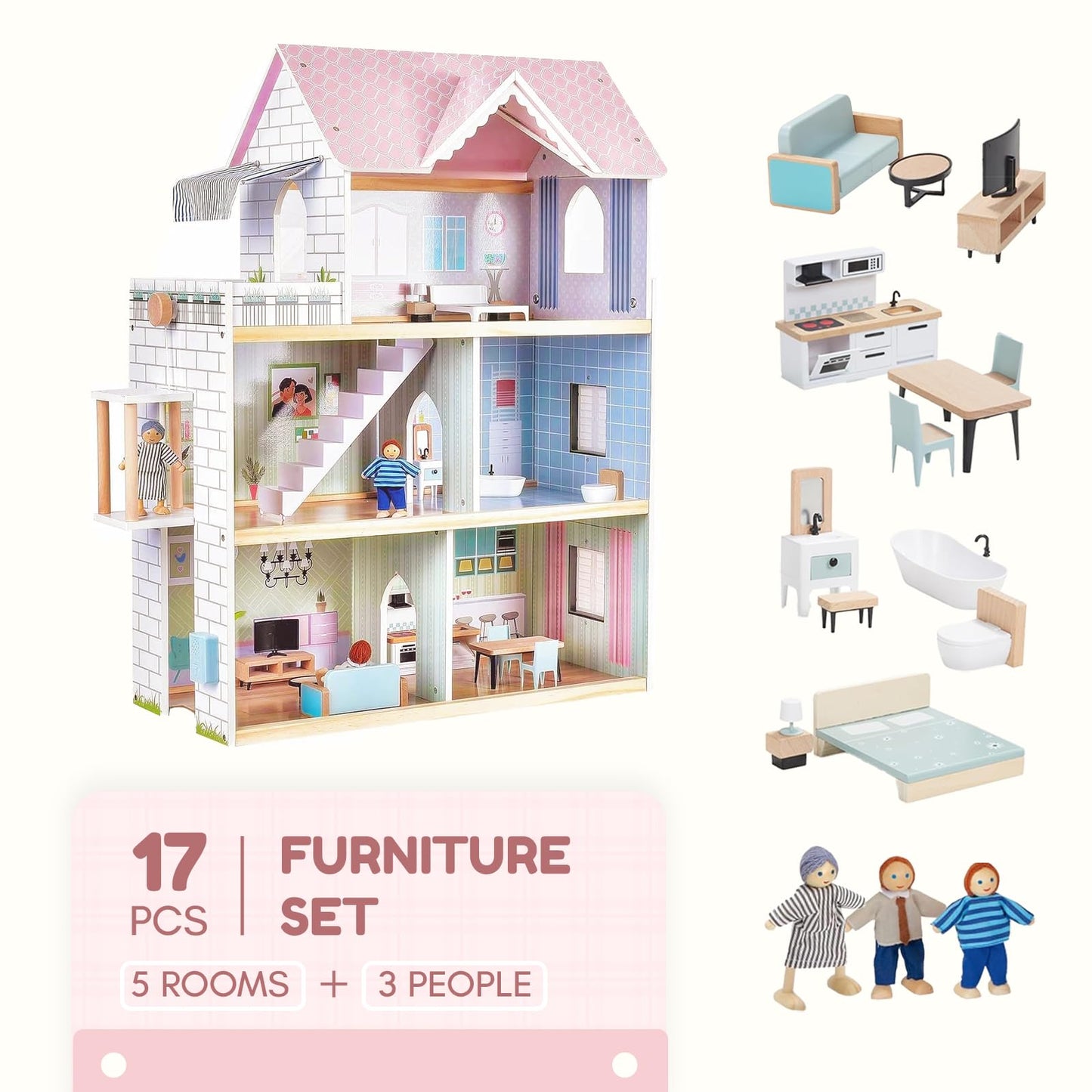 Giant bean Large Pink Wooden Dollhouse with Furniture for Girls with Doorbell, Light,Elevator, 6 Rooms 2.6ft High,17Pcs Furniture & 3 Dolls, Kids Playhouse Toy for Girls 3-7+, 31.5" x 25" x 12.2"