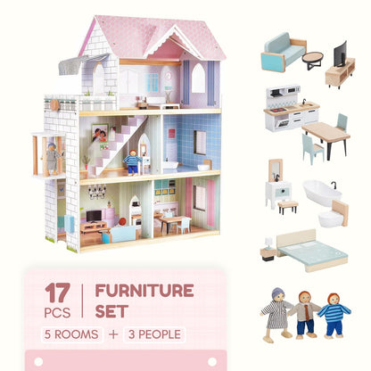 Giant bean Large Pink Wooden Dollhouse with Furniture for Girls with Doorbell, Light,Elevator, 6 Rooms 2.6ft High,17Pcs Furniture & 3 Dolls, Kids Playhouse Toy for Girls 3-7+, 31.5" x 25" x 12.2"