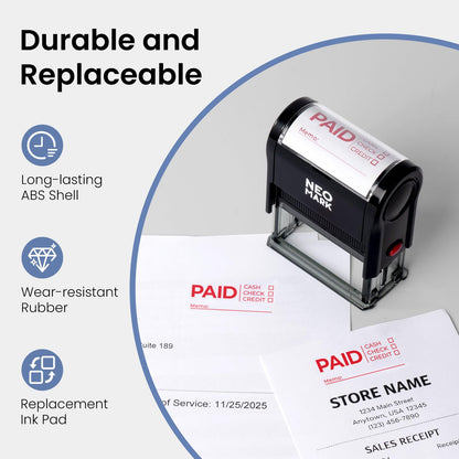 NEO MARK Self-Inking Paid Rubber Stamp, Replaceable Office Stamp for for Business, Accounting & Retail Use – with an Extra Refill Ink Pad