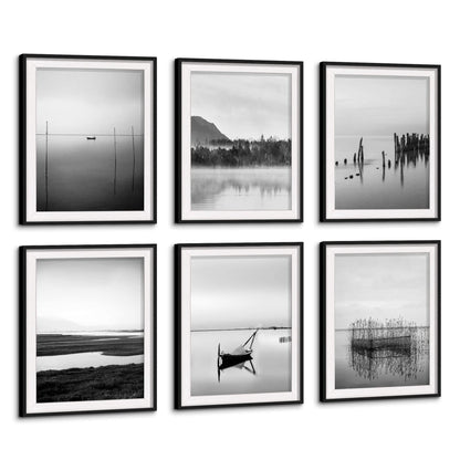 Lake Framed Wall Art Decor: Calming Nature Landscape Artwork 6 Piece Black Scenery Painting Print Vertical Boat Picture for Office Home Bedroom Living Room (Glass Panel Protection)