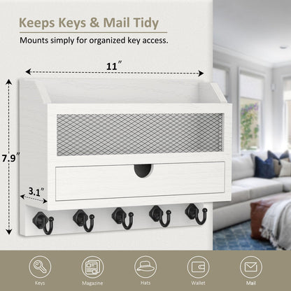Nekon Key and Mail Holder for Wall, Key Organizer with 5 Hooks & Storage Drawer, 11" W x 7.9" H x 3.1" D Wooden Key Rack for Entryway and Home Decor (White)