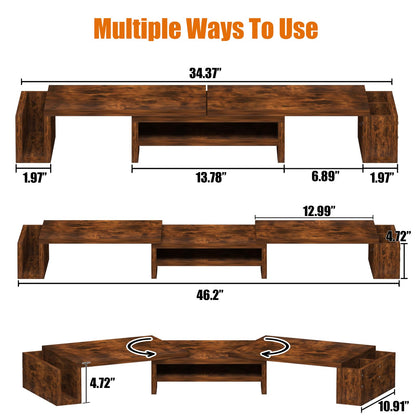 Wood Dual Monitor Stand Riser, Desk Organizers and Accessories with Storage Pen Holders, Adjustable Length and Angle 3 Shelf Extra Long 46" Desktop Organizer for 2 Monitors, Computer, Laptop, TV,Rustic Brown (Triple)