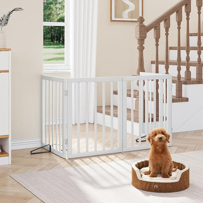 Semiocthome Bamboo Dog Gate with 2 Stands, Freestanding Puppy Gate for Doorways & Stairs - 24" Height, 4 Panels, Adjustable White Safety Fence