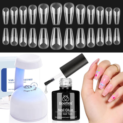 Beetles Gel Nail Extension Kit Almond Shape, Easy 9 in 1 Glue Uv Led Set Etch X Nail Tips Short Almond Half Matte Tips, Gift for Women & Girls, 504 pcs
