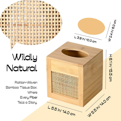 ABBI NIMO Square Bamboo Tissue Box Cover, Natural Rattan Tissue Holder with Magnets for Kitchen, Bathroom, Living Room, Bedroom or Office