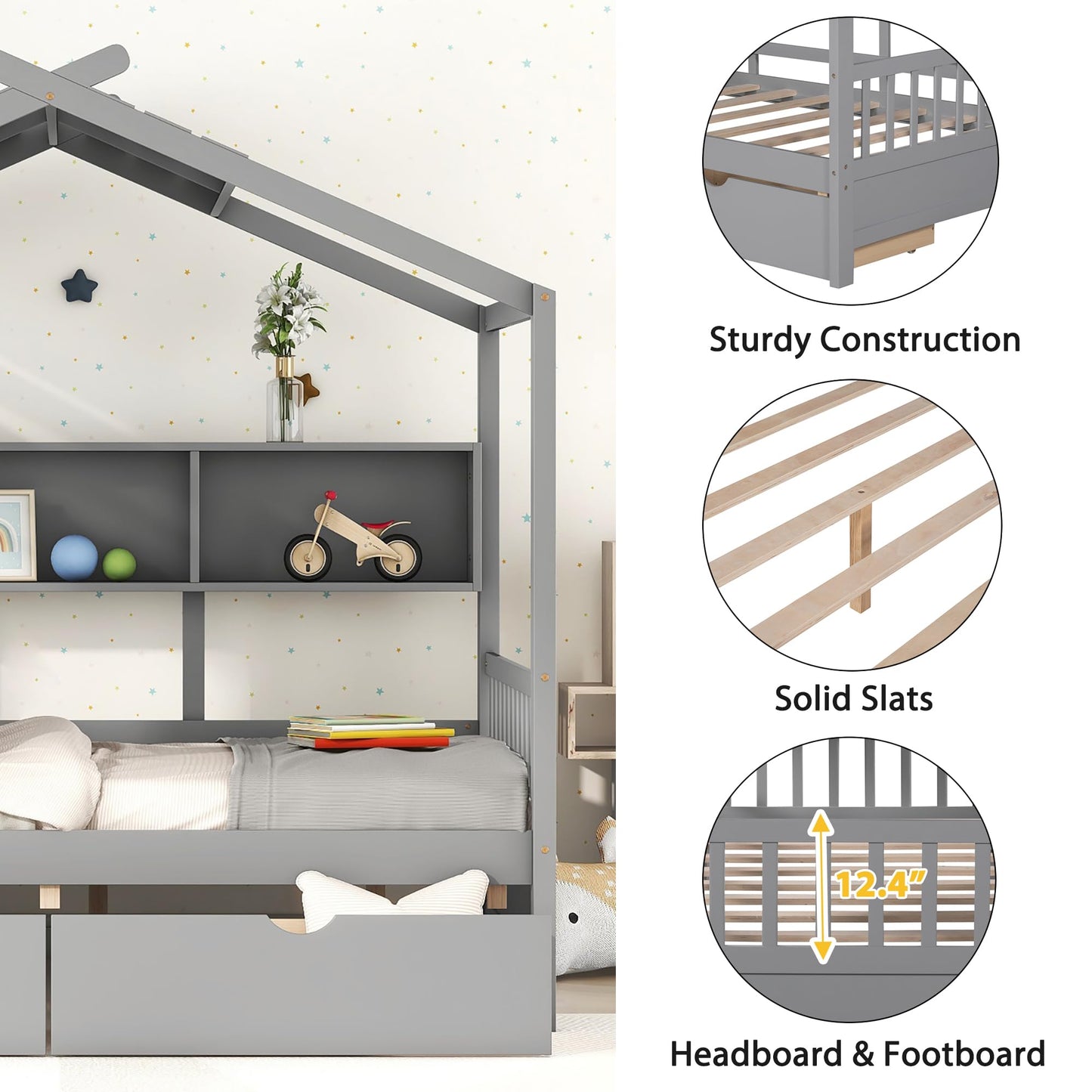 Bellemave Full Size House Bed with 2 Storage Drawers,Kids Bed with Storage Shelves,Wooden House Bed Frame for Girls,Boys,Can be Decorated,Gray