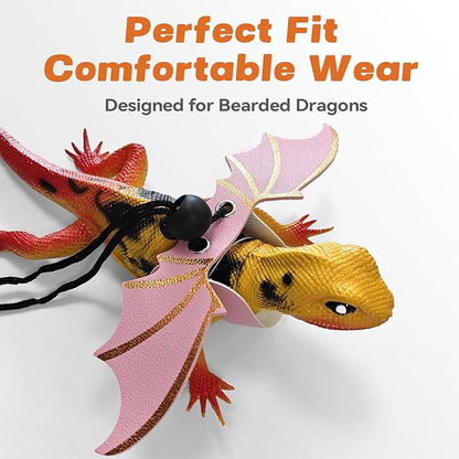 Dinosaur Wing Leash Harness for Bearded Dragons - 3-Size Adjustable Reptile Harness Set, Safe Escape-Proof Design for Lizards, Geckos, Iguanas & Small Pets (Pink)