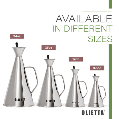 Olietta Olive Oil Dispenser Bottle Stainless Steel Non Drip Leak Proof No Mess Vinegar Pourer & Kitchen Drizzler 17 oz 500ML 0.5 Litre Great for Pouring & Drizzling Easy to Clean & Leakproof