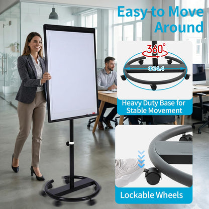 DexBoard 40 X 28 Inch Mobile Magnetic Whiteboard on Wheels, Rolling Dry Erase Board Easel on Height Adjustable Stand with Flipchart Paper Pad (25 Sheets) for Class Teaching, Office Meeting & Workshops