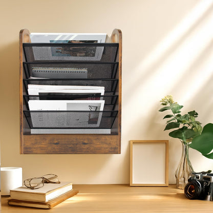 EHWINE Wall File Organizer, 6 Tier Hanging Wall File Organizer with Bottom Tray, Mail Organizer Wall Mount, Wooden Desk Organizer for Office or Home