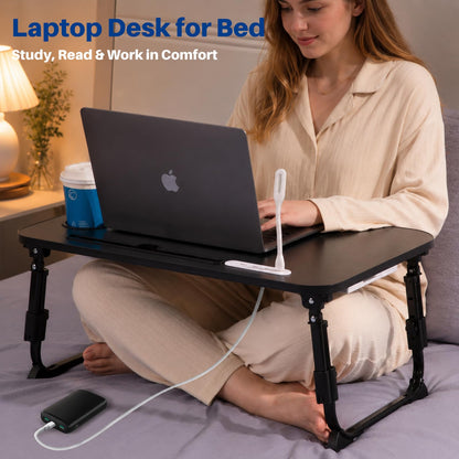 BYMECOST Laptop Desk for Bed, Height Adjustable Laptop Bed Table, Foldable Portable Lap Desk Stand with USB/Storage Drawer/Cup Holder/Slot, Breakfast Tray for Working Reading Writing Eating