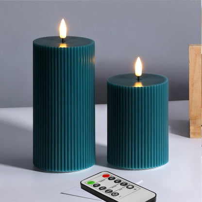 Girimax Green Ribbed Flameless Pillar Candles with Remote, 2 Pack Flickering Battery Operated LED Wax Candles Φ 3" H 4" 6"