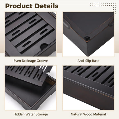 Drainage Tea Serving Tray for Gongfu Tea Set, Wooden Drainage Serving Board for Teapot Cups, Small 11.0 x 7.1 x 2.2 in Kung Fu Tabletop Tray, Compact Ceremony Accessories for Home Brewing