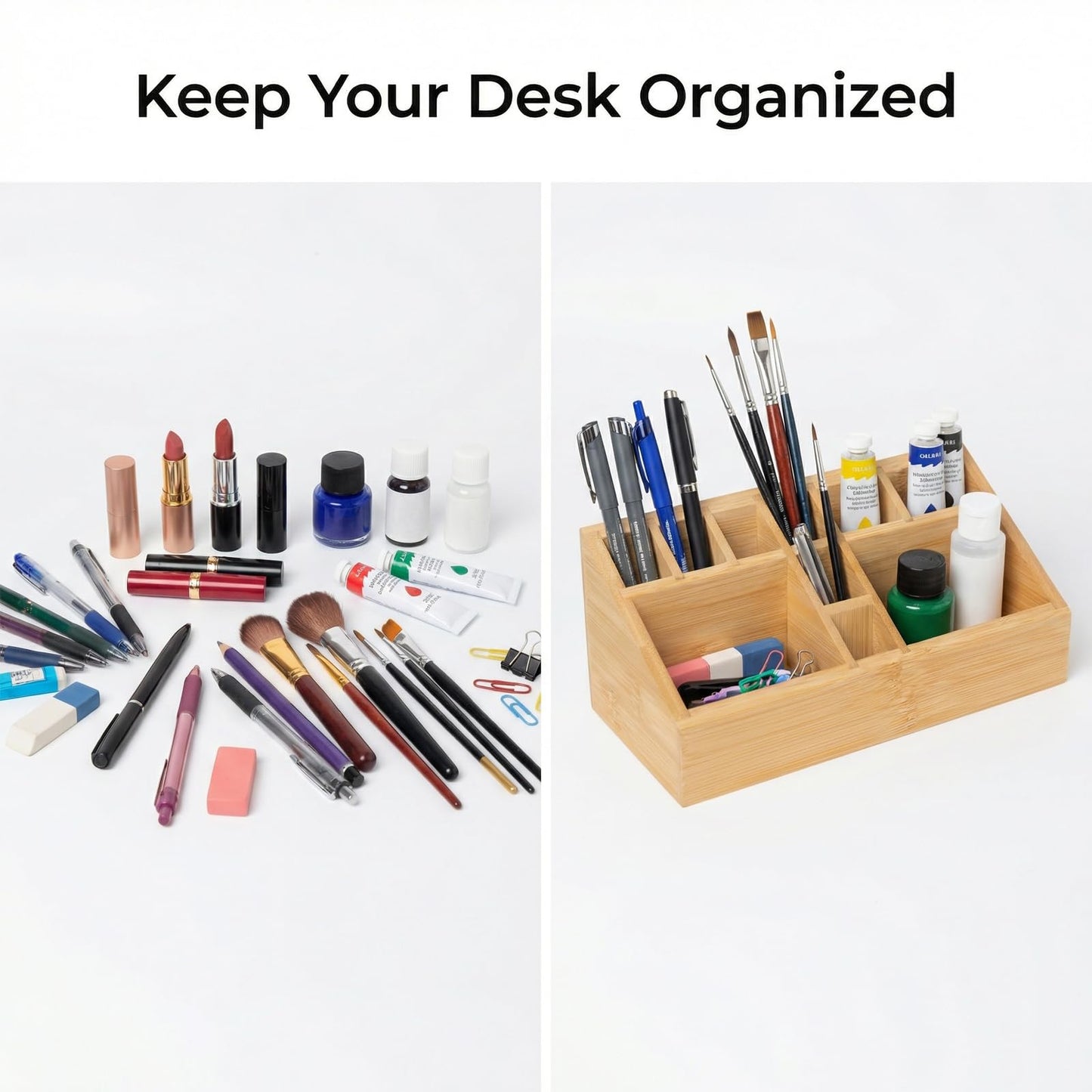 Ninebendstreams Bamboo Art Supply Organizer, Pen Holder Wooden Desktop Storage for Artists, Office Supplies, Makeup Brushes,Minimalist Desk Accessory for Home Studio, Classroom or Vanity