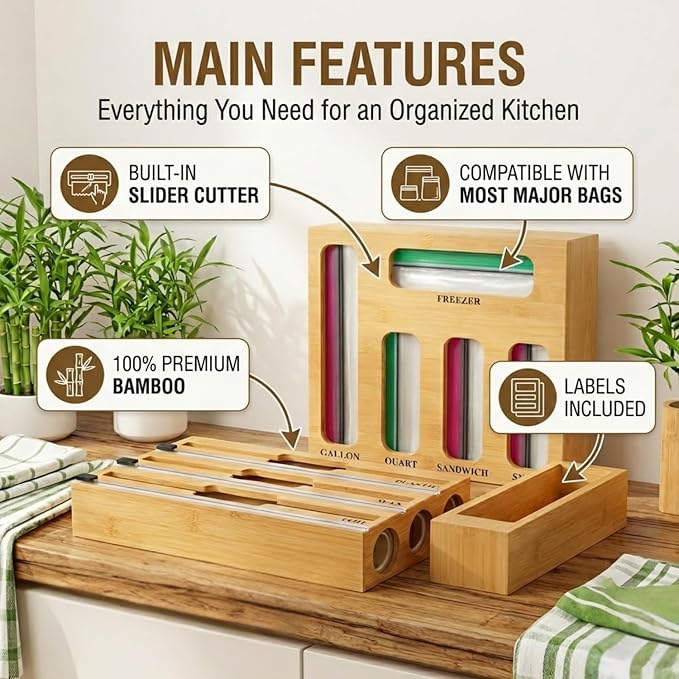 9 in 1 Storage Bag Organizer for Kitchen Drawer,Bamboo Foil and Plastic Wrap Dispenser with Cutter, Organizers Compatible Gallon, Quart, Sandwich Snack