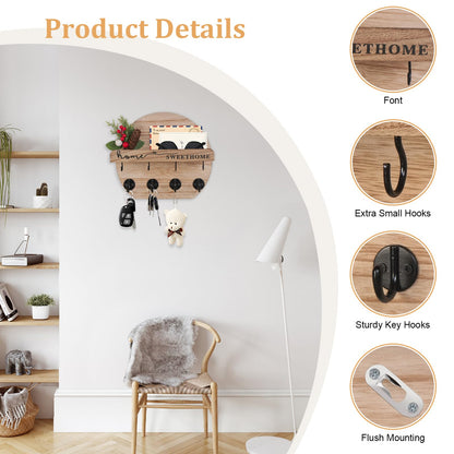 LEIRUOTM Key Holder for Wall, Key and Mail Holder Organizer - Key Holder Wall Mount with Bouquet Shelf and Key Hooks, Round Wooden Rustic Key Rack for Entryway and Home Decor (Wood)