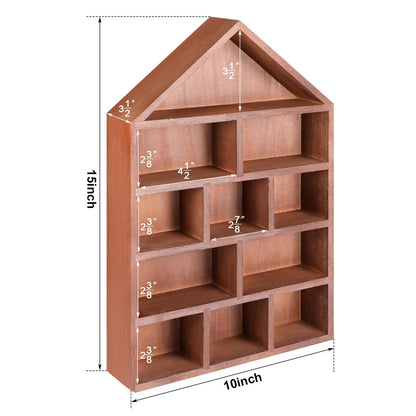 Threehoney House Shaped Wooden Shadow Cubby Box 10 W x 2 1/4 D x 15 H Hanging Display Shelf Organizer Wall Mounted Curio Cabinet Wooden Display Case Miniature Shelf for Figures (Brown)