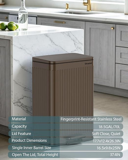 Lovewind Kitchen Trash Can, 18.5 Gallon / 70L Large Kitchen Garbage Can with Soft Close Lid – Pet Resistant, Removable Inner Bucket, Stainless Steel Trash Bin Perfect for Big Families, Brown