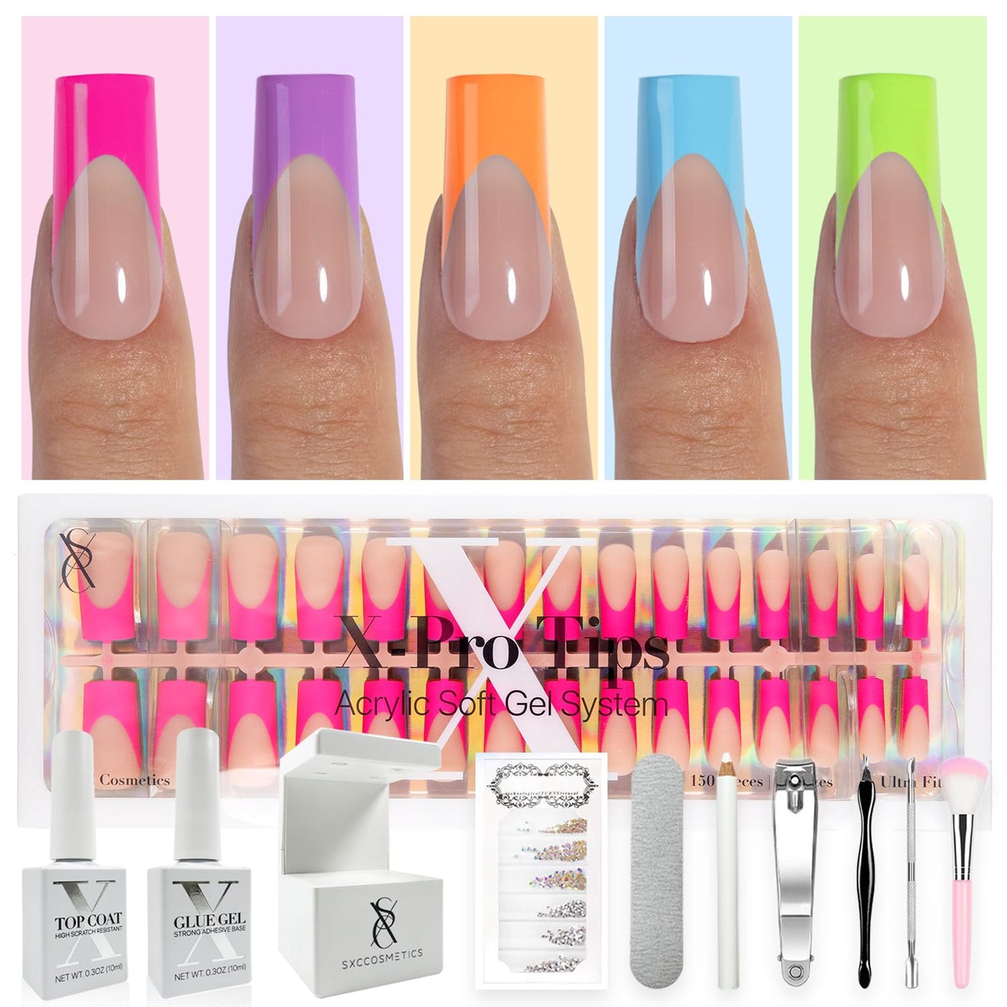 SXC Cosmetics French Tip Press On Nails - Skin Tone Nude and Color Series, Short Coffin X-Pro Tips Starter Kit ST119KIT