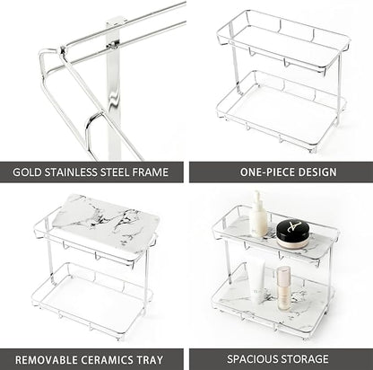 Bathroom Organizer Countertop Perfume Organizer Makeup Organizer Cosmetics Storage Display Rack Vanity Tray Dresser Stainless Steel Gold Shelf White Marble Ceramic Tray (2 Tier L-Sliver) | Perfume Organizer