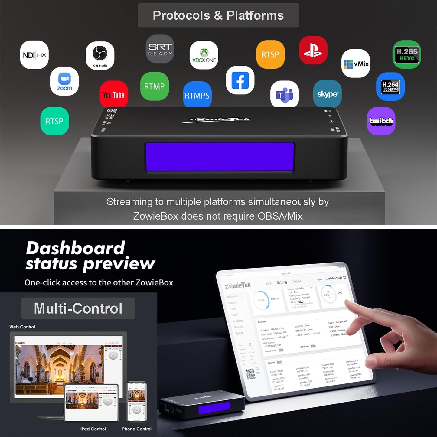 4K HDMI Video Encoder/Decoder, ZowieBox, Native NDI HX3 (Certified) Converter/Player, UVC to HDMI, Pass-Through Video Capture, SRT/RTMP(S)/RTSP, Live Streaming to YouTube