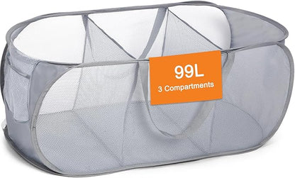 Durable Collapsible Foldable Pop Up Laundry Hamper, Sturdy 3 Compartments