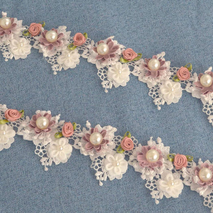 Kuasting 2 Yard Vintage Pearl Flower Ribbon Scallop Edge Trim Sewing Lace Trim Handmade DIY Sewing Supplies for Dress Embellishment (Pearl lace)