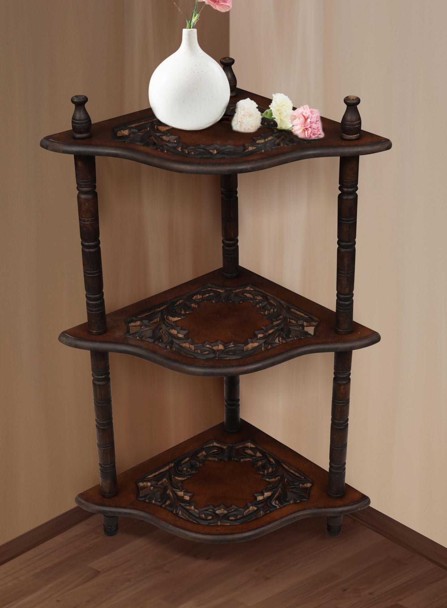 The Wooden Town Corner Shelf - 3-Tier Space-Saving Corner Bookshelf Stand for Small Rooms, Stylish Bathroom & Home Office Storage, Burnt Finish, 12" L x 12" W x 26" H