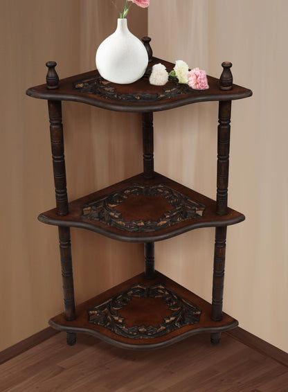 The Wooden Town Corner Shelf - 3-Tier Space-Saving Corner Bookshelf Stand for Small Rooms, Stylish Bathroom & Home Office Storage, Burnt Finish, 12" L x 12" W x 26" H